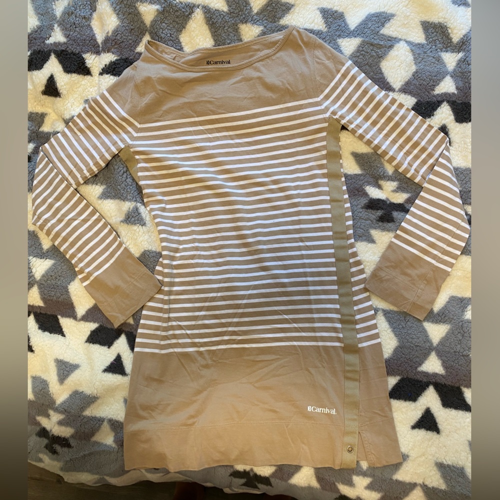 Carnival‎ Cruisewear Women Tan White Striped Long Sleeve Cotton T-Shirt Dress S